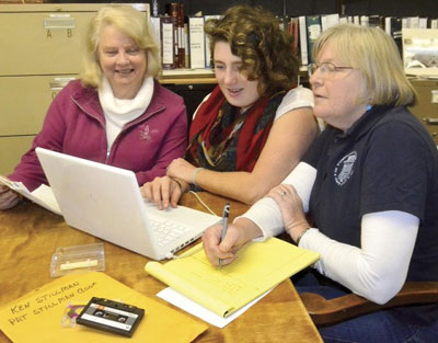 From left, Karen Paaske, Lompoc Valley Historical Society President, Patricia Sazani, Oral History project manager, and Lisa Renken, Lompoc Museum Director, work with digitized files of oral interviews that have been converted from audio cassettes at the Lompoc Historical Society.